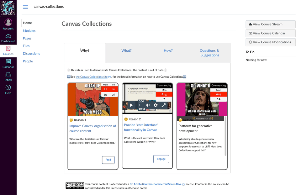 Animation showing how a Canvas page has been updated to contain a sequence of tabs for each collection. Allowing the visitor to see different representations of Canvas modules (but not the modules themselves). Representations that are basically the same as live Canvas Collections. Clicking on the representation for a module will take you directly to that module.
