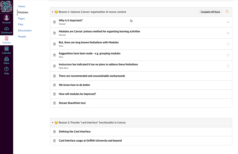 Scrolling through a Canvas modules index page. Showing 13 modules and all their items in one long linear scroll. Each module visualised with a 'windows-95' like folder with a list of items.